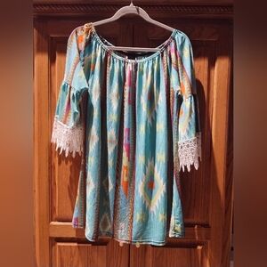 Ladies Aztec Print Lace Sleeve Tunic